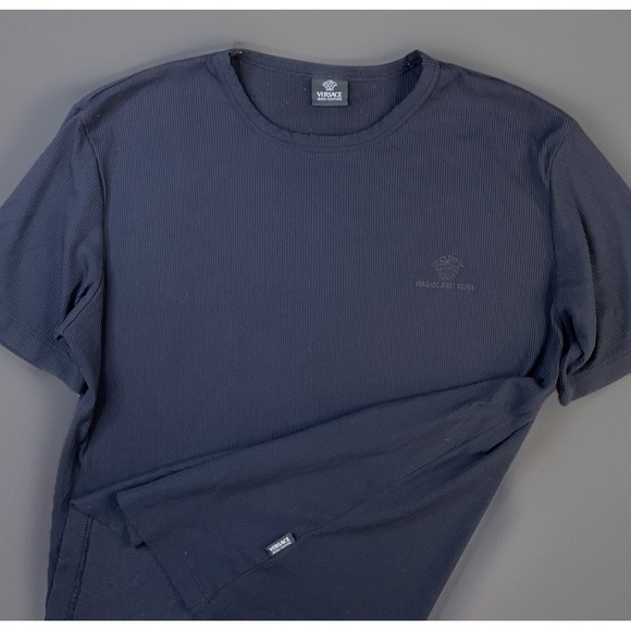 Vintage Versace Couture Shirt Ribbed 90s Embroidered Medusa Short Sleeve‎ Sz L